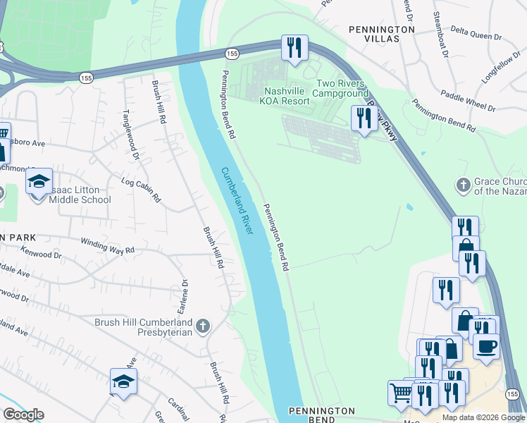 map of restaurants, bars, coffee shops, grocery stores, and more near 2413 Pennington Bend Road in Nashville