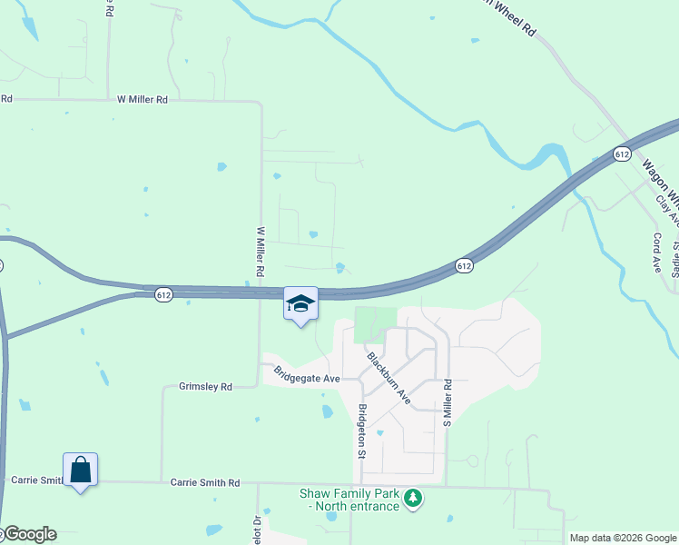 map of restaurants, bars, coffee shops, grocery stores, and more near 7745 West Miller Road in Springdale