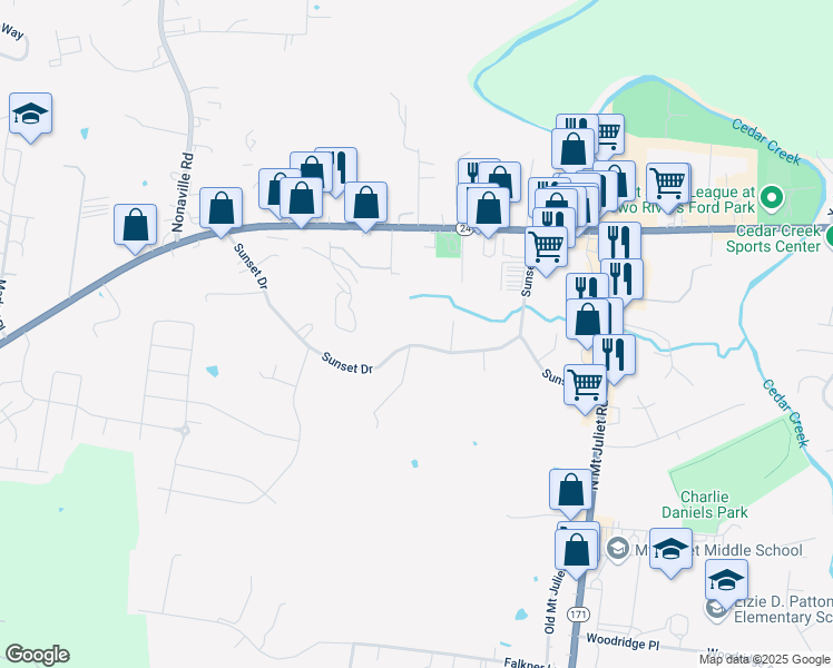 map of restaurants, bars, coffee shops, grocery stores, and more near 132 Sunset Drive in Mt. Juliet