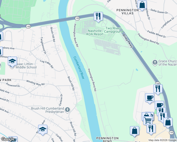 map of restaurants, bars, coffee shops, grocery stores, and more near 2413 Pennington Bend Road in Nashville