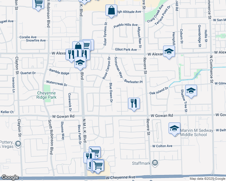 map of restaurants, bars, coffee shops, grocery stores, and more near 3732 Blue Dawn Drive in North Las Vegas