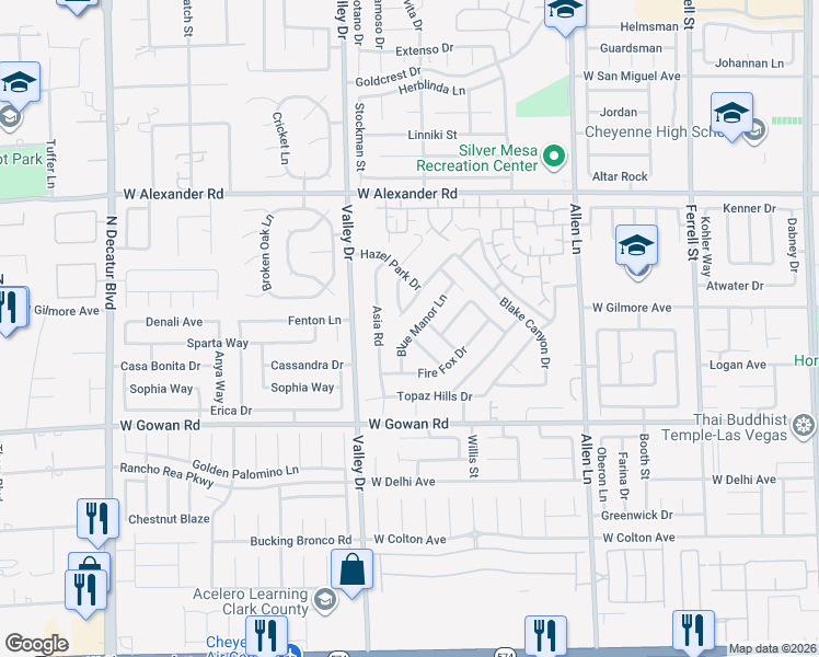 map of restaurants, bars, coffee shops, grocery stores, and more near 4126 Blue Manor Lane in North Las Vegas