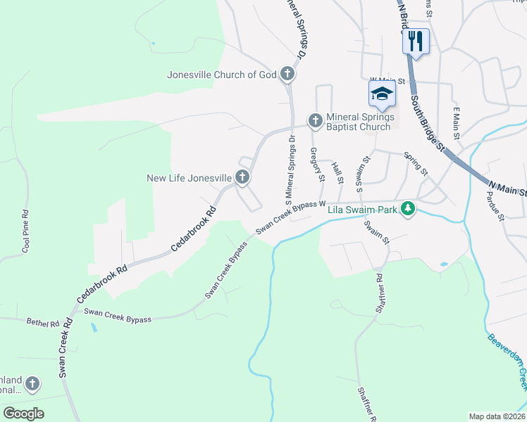 map of restaurants, bars, coffee shops, grocery stores, and more near 121 Mathis Street in Jonesville