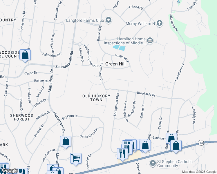 map of restaurants, bars, coffee shops, grocery stores, and more near 4621 Brown Leaf Drive in Green Hill