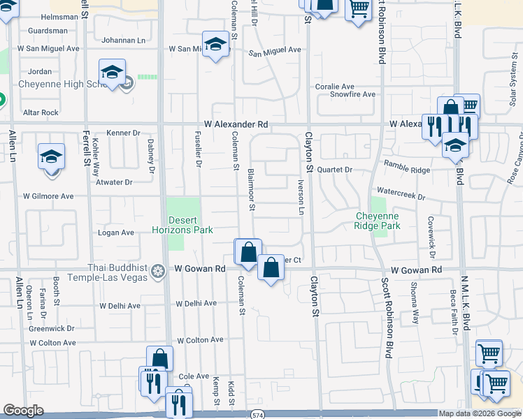 map of restaurants, bars, coffee shops, grocery stores, and more near 2217 Riderwood Avenue in North Las Vegas