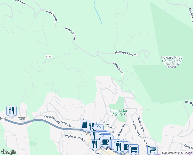 map of restaurants, bars, coffee shops, grocery stores, and more near 233 Ridge View Drive in Boone