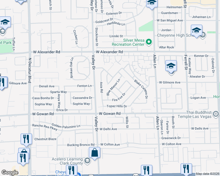 map of restaurants, bars, coffee shops, grocery stores, and more near 4126 Blue Manor Lane in North Las Vegas