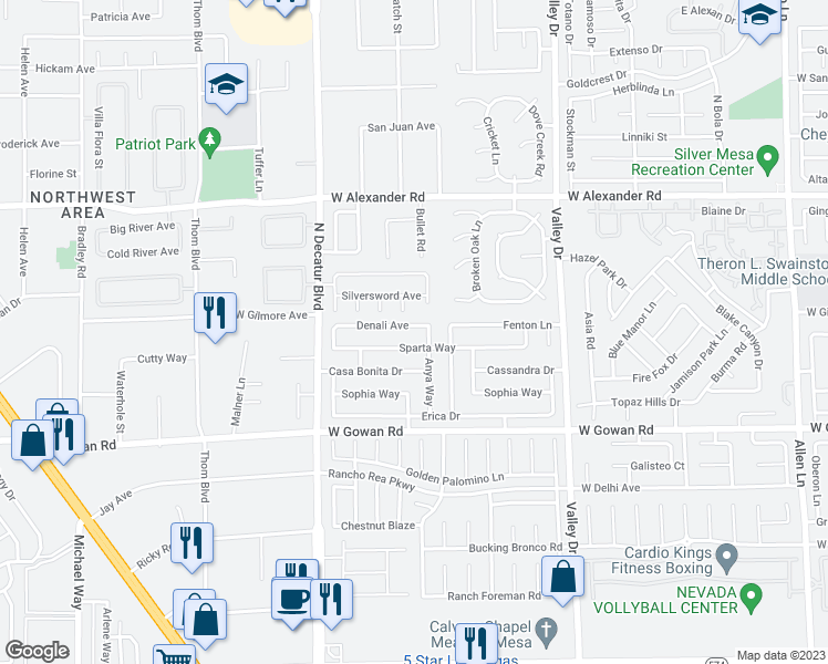 map of restaurants, bars, coffee shops, grocery stores, and more near 4521 Denali Avenue in North Las Vegas