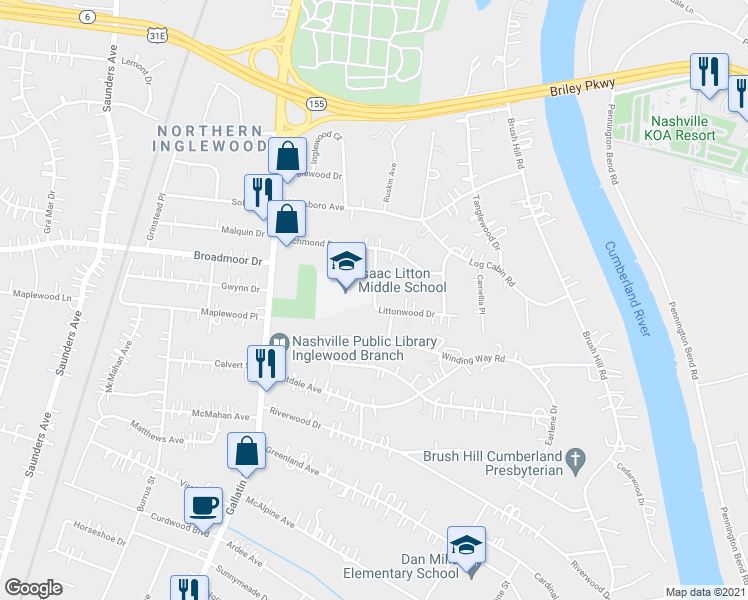 map of restaurants, bars, coffee shops, grocery stores, and more near 4601 Hedgewood Drive in Nashville