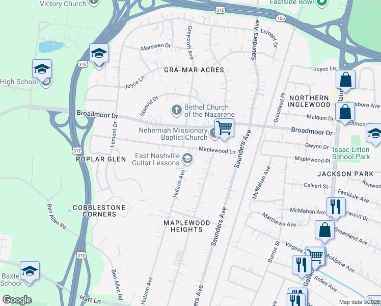 map of restaurants, bars, coffee shops, grocery stores, and more near 700 Maplewood Lane in Nashville