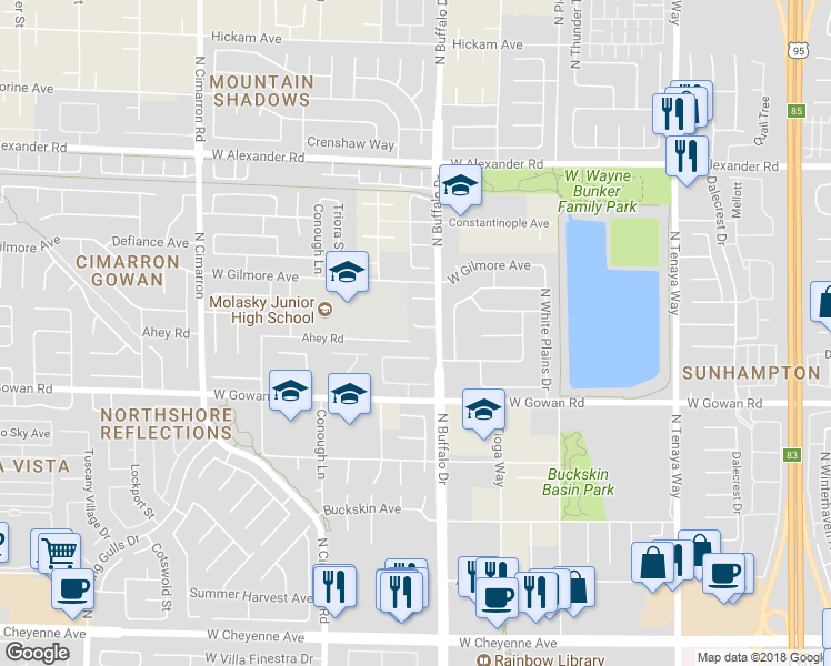 map of restaurants, bars, coffee shops, grocery stores, and more near 7625 Montblanc Court in Las Vegas