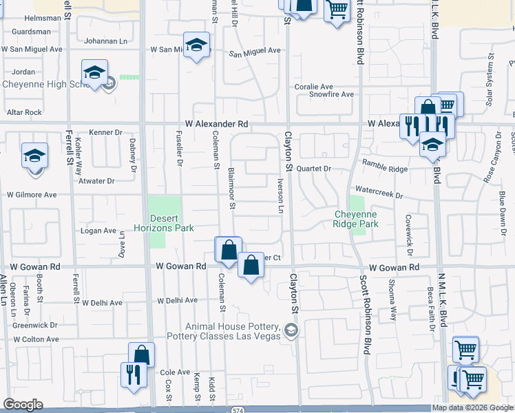 map of restaurants, bars, coffee shops, grocery stores, and more near 2117 Riderwood Ave in North Las Vegas