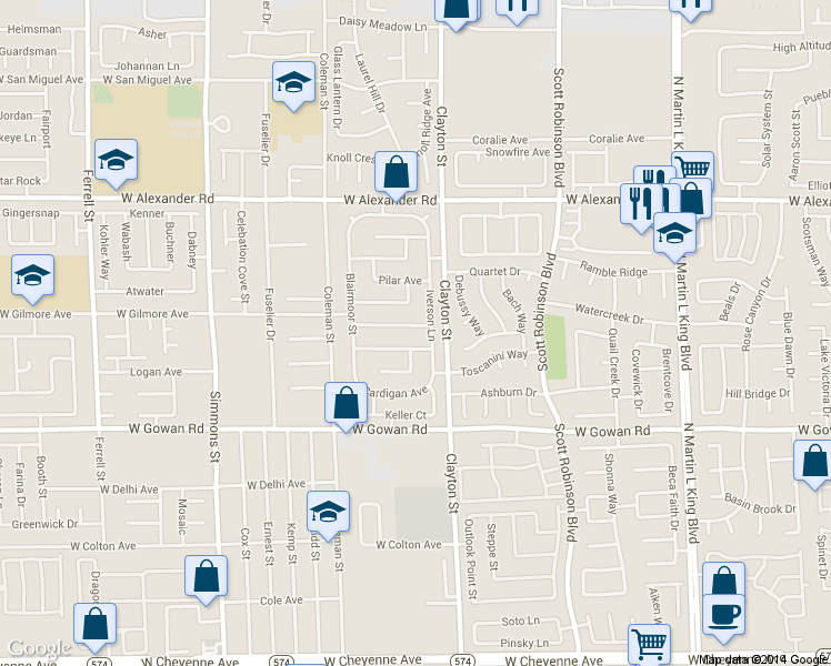 map of restaurants, bars, coffee shops, grocery stores, and more near 2033 Riderwood Avenue in North Las Vegas