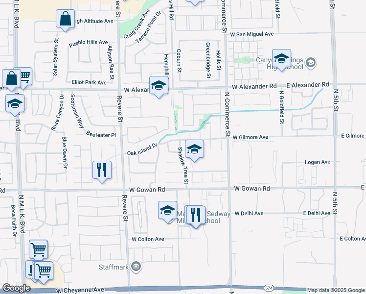 map of restaurants, bars, coffee shops, grocery stores, and more near 3736 Shadow Tree Street in North Las Vegas