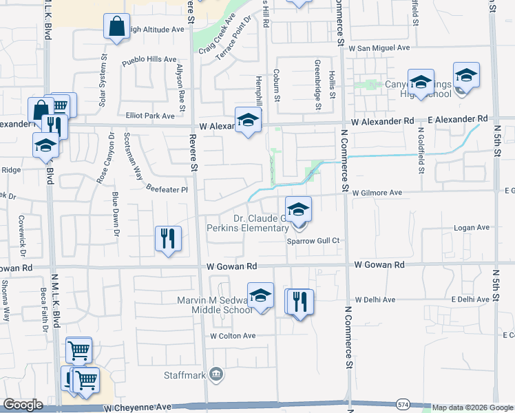 map of restaurants, bars, coffee shops, grocery stores, and more near 3741 Round Robin Street in North Las Vegas