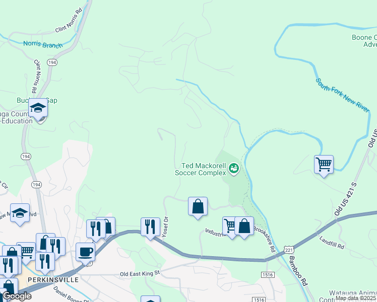 map of restaurants, bars, coffee shops, grocery stores, and more near 194 Azor Court in Boone