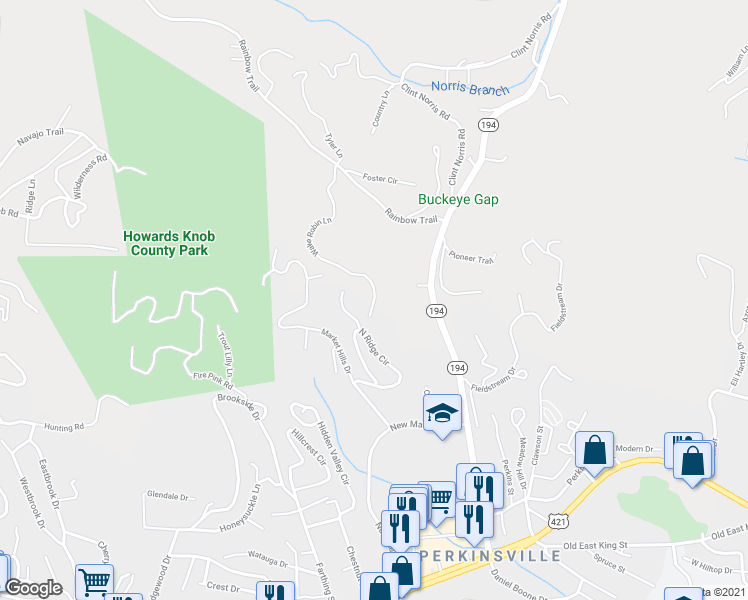 map of restaurants, bars, coffee shops, grocery stores, and more near 501 Wake Robin Lane in Boone