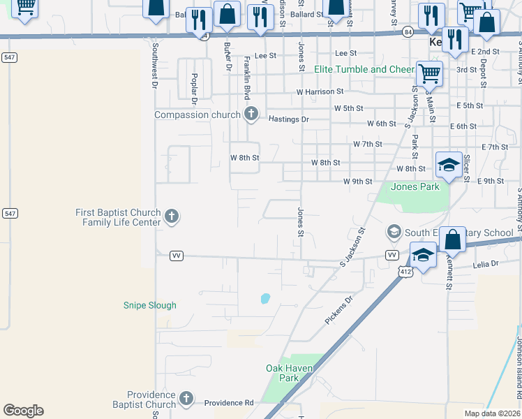 map of restaurants, bars, coffee shops, grocery stores, and more near 1113 Mary's Cove in Kennett