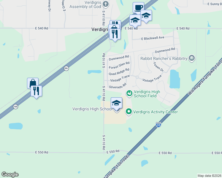 map of restaurants, bars, coffee shops, grocery stores, and more near 8070 Silverado Road in Claremore