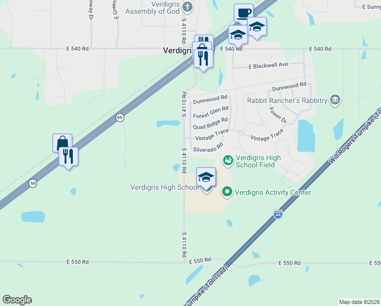 map of restaurants, bars, coffee shops, grocery stores, and more near 8070 Silverado Road in Claremore