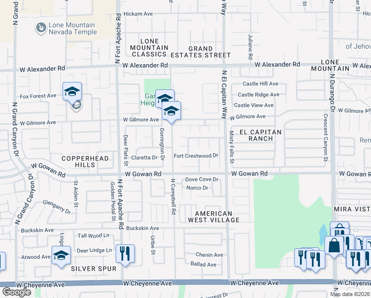 map of restaurants, bars, coffee shops, grocery stores, and more near 8953 Hillsboro Creek Court in Las Vegas