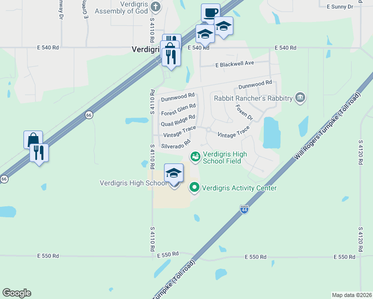 map of restaurants, bars, coffee shops, grocery stores, and more near 8140 Silverado Road in Claremore