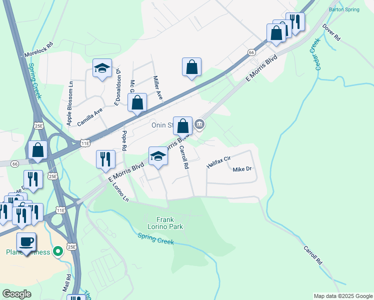 map of restaurants, bars, coffee shops, grocery stores, and more near 323 Carroll Road in Morristown