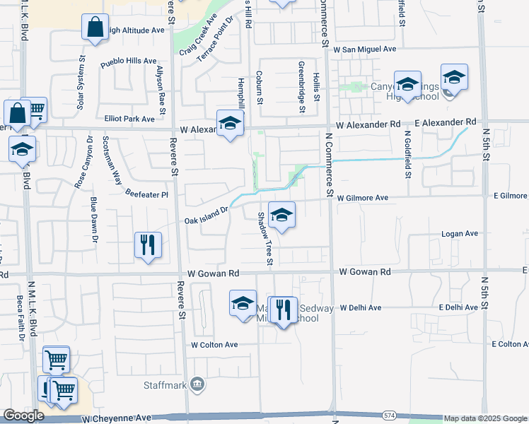 map of restaurants, bars, coffee shops, grocery stores, and more near 3736 Shadow Tree Street in North Las Vegas