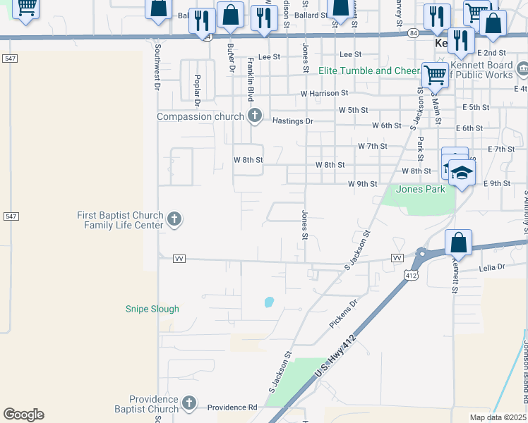 map of restaurants, bars, coffee shops, grocery stores, and more near 1113 Mary's Cove in Kennett