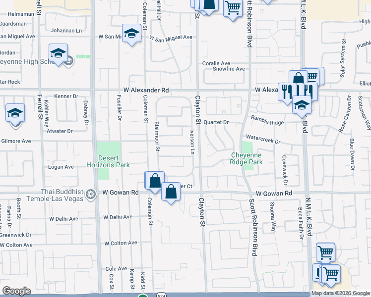map of restaurants, bars, coffee shops, grocery stores, and more near 2033 Riderwood Avenue in North Las Vegas