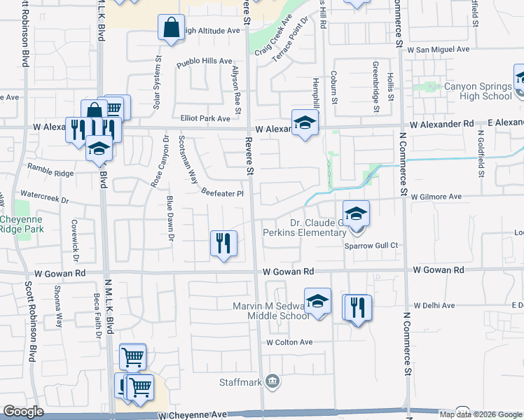 map of restaurants, bars, coffee shops, grocery stores, and more near 725 Bay Bridge Drive in North Las Vegas