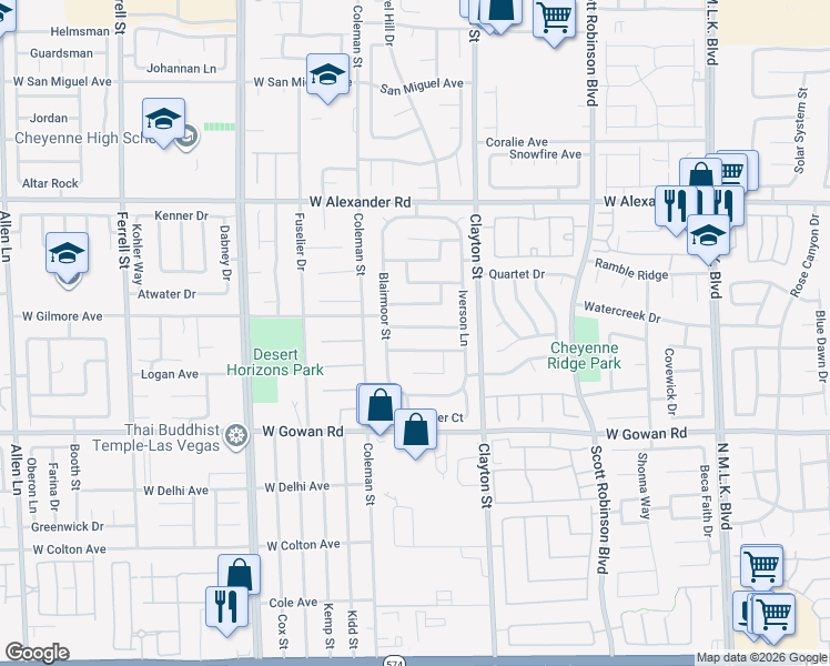 map of restaurants, bars, coffee shops, grocery stores, and more near 2117 Riderwood Avenue in North Las Vegas
