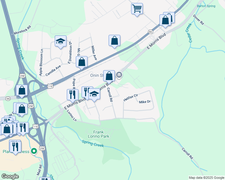 map of restaurants, bars, coffee shops, grocery stores, and more near 323 Carroll Road in Morristown