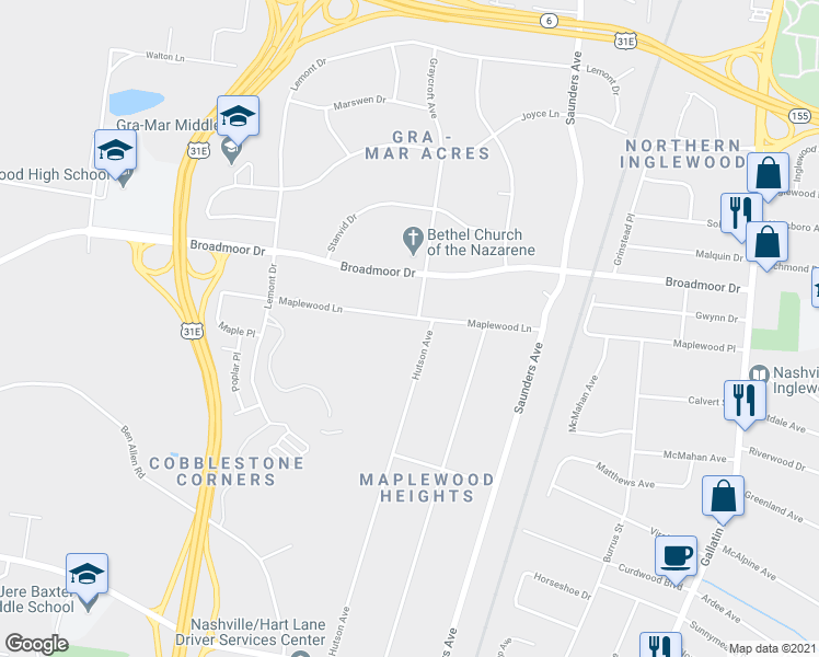 map of restaurants, bars, coffee shops, grocery stores, and more near 616 Maplewood Lane in Nashville