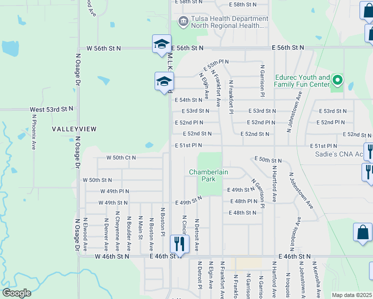 map of restaurants, bars, coffee shops, grocery stores, and more near 220 East 51st Place North in Tulsa