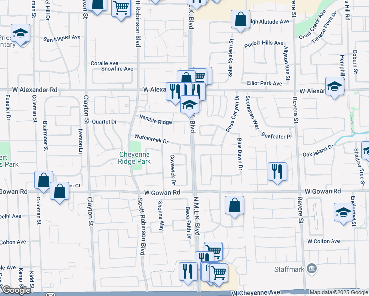 map of restaurants, bars, coffee shops, grocery stores, and more near 1517 Watercreek Drive in North Las Vegas