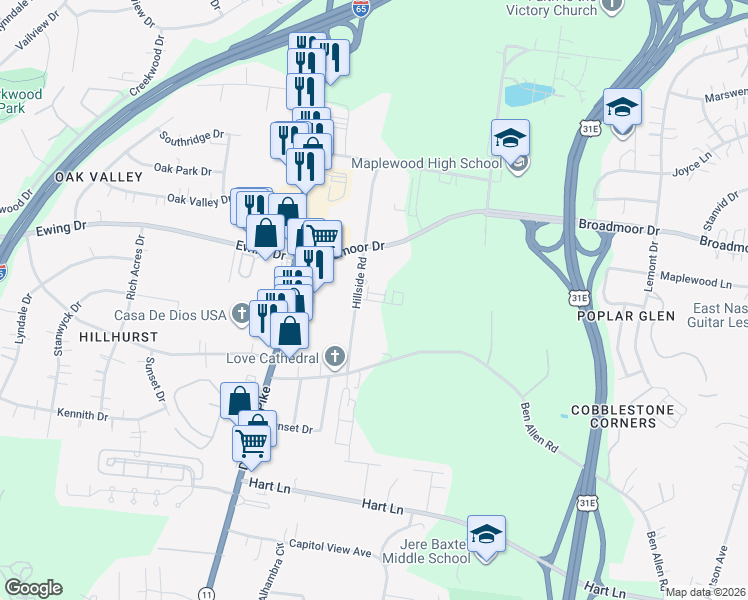 map of restaurants, bars, coffee shops, grocery stores, and more near 3043 Hillside Road in Nashville