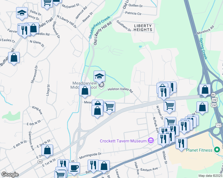 map of restaurants, bars, coffee shops, grocery stores, and more near 1623 Meadowview Lane in Morristown