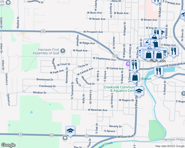 map of restaurants, bars, coffee shops, grocery stores, and more near 921 West Nicholson Avenue in Harrison
