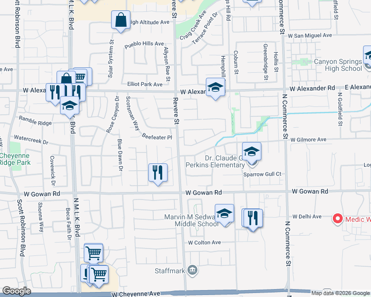 map of restaurants, bars, coffee shops, grocery stores, and more near 725 Bay Bridge Drive in North Las Vegas