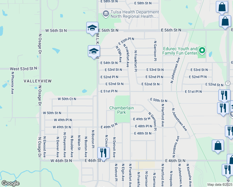 map of restaurants, bars, coffee shops, grocery stores, and more near 260 E 51st Pl N in Tulsa