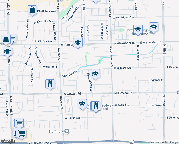 map of restaurants, bars, coffee shops, grocery stores, and more near 3740 Shadow Tree Street in North Las Vegas