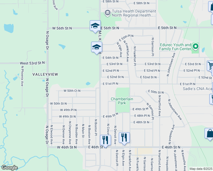 map of restaurants, bars, coffee shops, grocery stores, and more near 220 East 51st Place North in Tulsa
