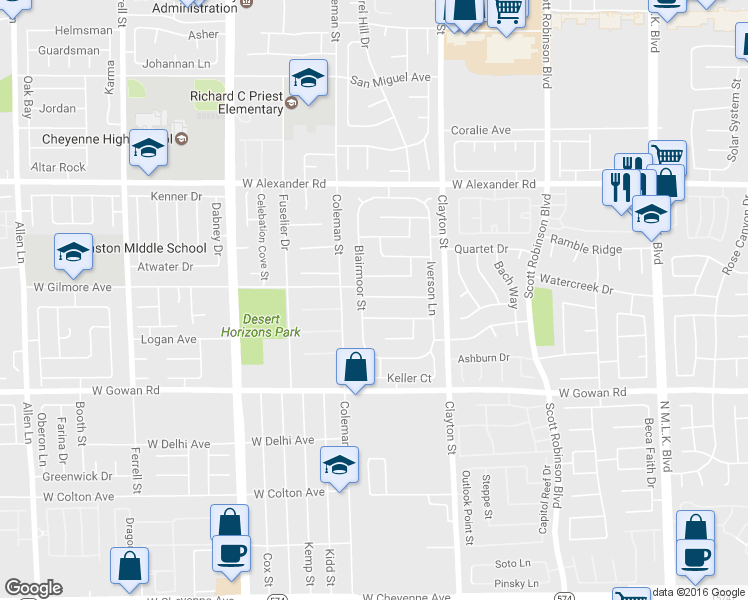 map of restaurants, bars, coffee shops, grocery stores, and more near 2217 Riderwood Ave in North Las Vegas