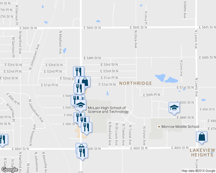 map of restaurants, bars, coffee shops, grocery stores, and more near 1390 E 51st Street North in Tulsa