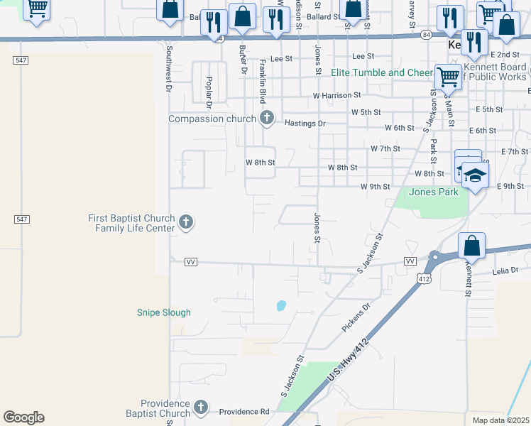 map of restaurants, bars, coffee shops, grocery stores, and more near 1113 Mary's Cove in Kennett