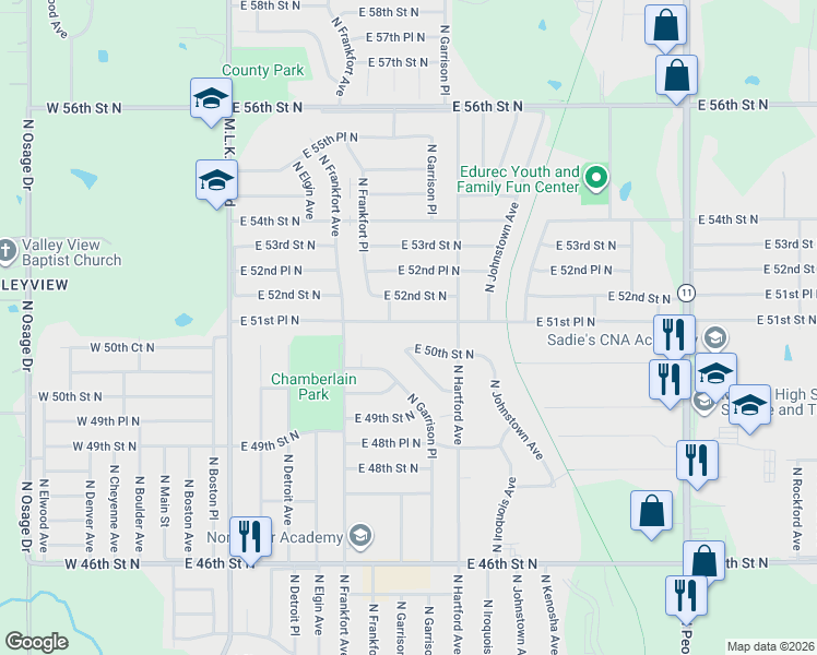 map of restaurants, bars, coffee shops, grocery stores, and more near 618 East 51st Place North in Tulsa