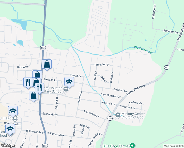 map of restaurants, bars, coffee shops, grocery stores, and more near 1315 Stroud Drive in Lebanon