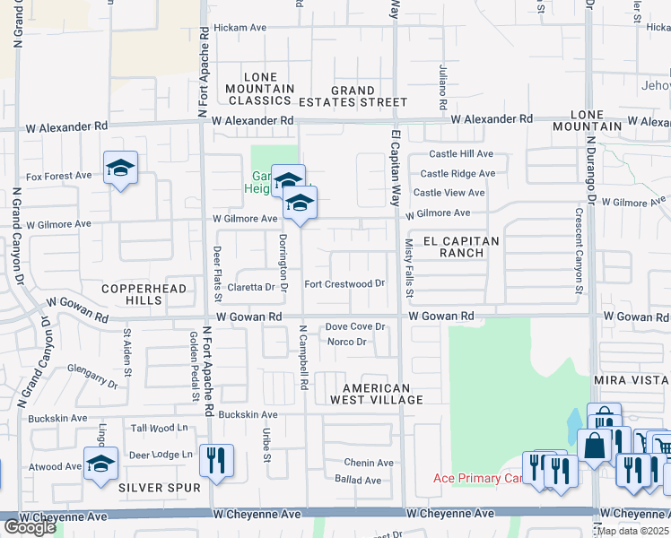 map of restaurants, bars, coffee shops, grocery stores, and more near 3692 River Canyon Road in Las Vegas