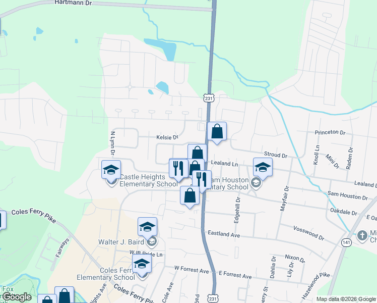 map of restaurants, bars, coffee shops, grocery stores, and more near 133 Hunters Creek Boulevard in Lebanon